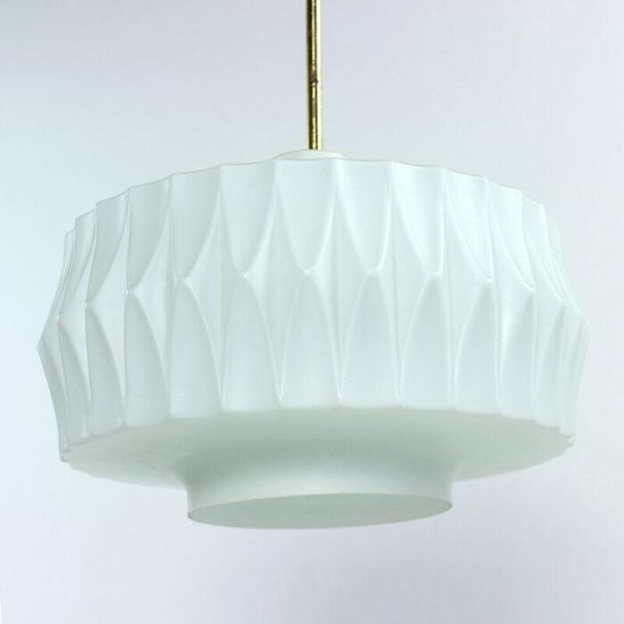 mid century ceiling pendant in white glass and brass czechoslovakia 1960s 1