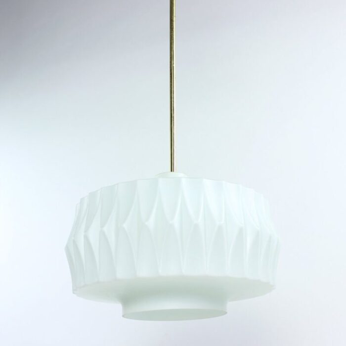 mid century ceiling pendant in white glass and brass czechoslovakia 1960s 2