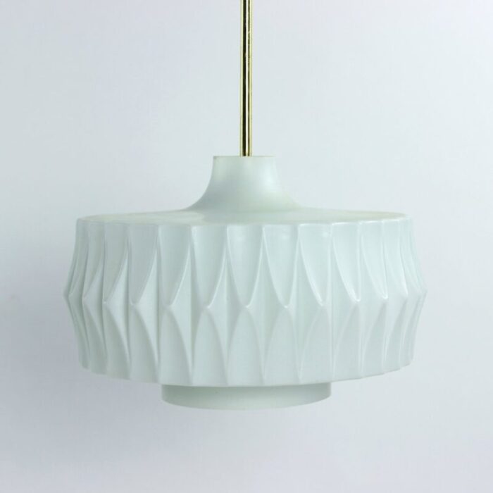 mid century ceiling pendant in white glass and brass czechoslovakia 1960s 4