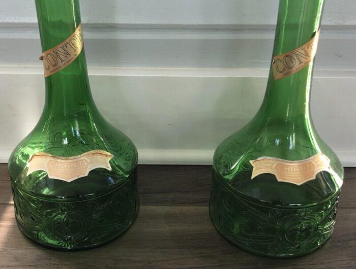 mid century chianti tall green glass bottles as candle holders a pair 9054