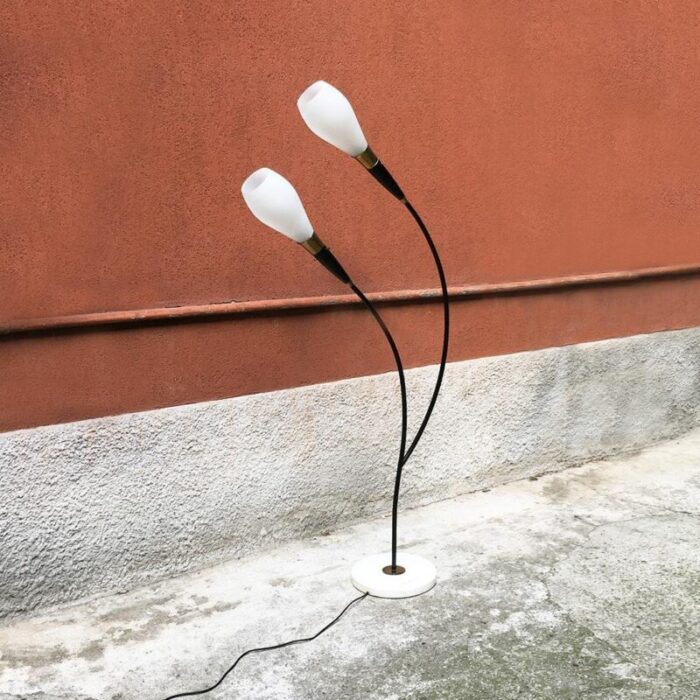 mid century curved italian floor lamp with two lights and marble base 1950s 3