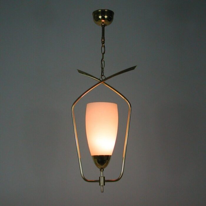 mid century french brass opaline glass pendant from arlus 1950s 4