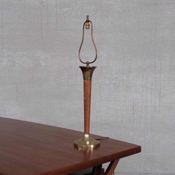 mid century french leather and brass table lamp 1