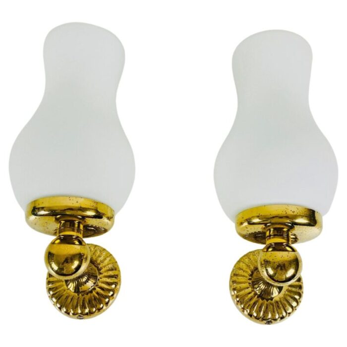 mid century italian brass and opaline glass wall lamps 1960s set of 2 1