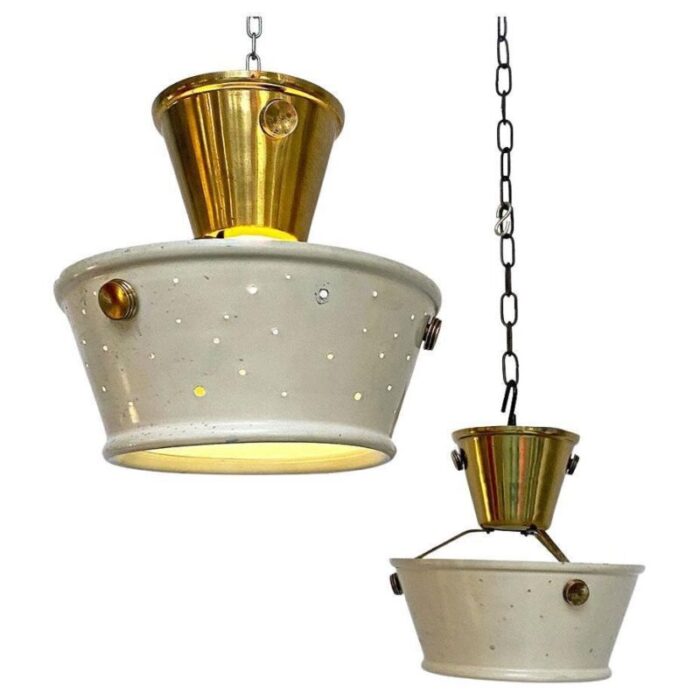 mid century italian brass perforated metal pendant lights from fontana arte 1950s set of 2 1