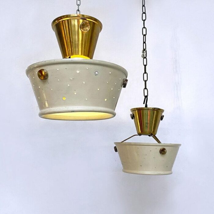 mid century italian brass perforated metal pendant lights from fontana arte 1950s set of 2 2