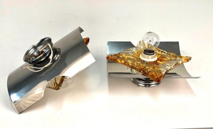 mid century italian steel and murano amber glass sconces from mazzega 1970s set of 2 2