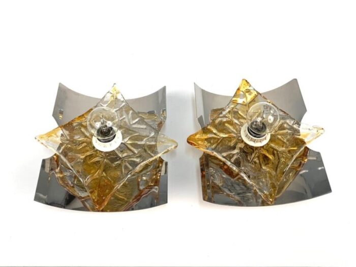 mid century italian steel and murano amber glass sconces from mazzega 1970s set of 2 3