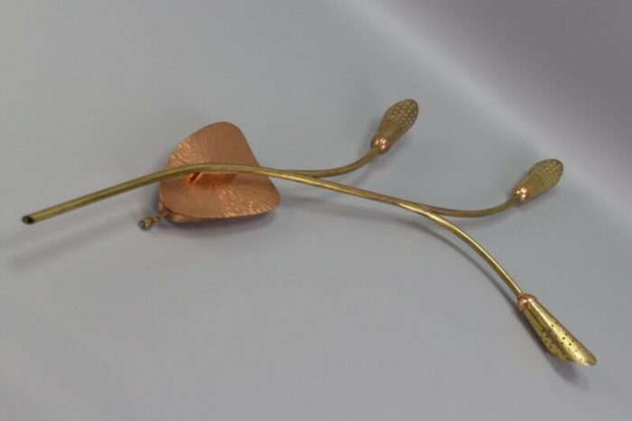 mid century modern brass and copper cone shaped three light wall sconce 12