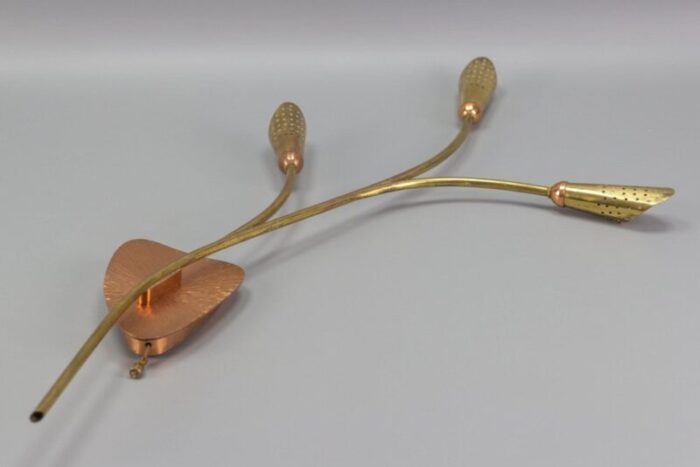 mid century modern brass and copper cone shaped three light wall sconce 8