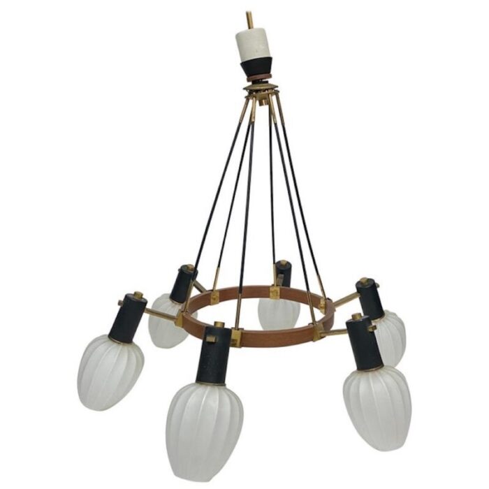 mid century modern italian brass teak and glass chandelier in the style of stilnovo 1960s 1