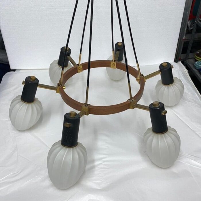 mid century modern italian brass teak and glass chandelier in the style of stilnovo 1960s 11