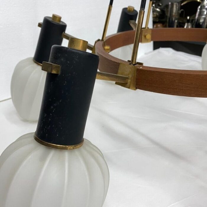 mid century modern italian brass teak and glass chandelier in the style of stilnovo 1960s 6