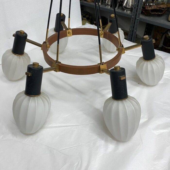 mid century modern italian brass teak and glass chandelier in the style of stilnovo 1960s 7