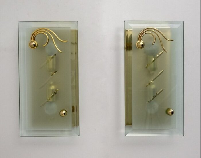 mid century modern italian crystal and brass wall light 1970s set of 2 1