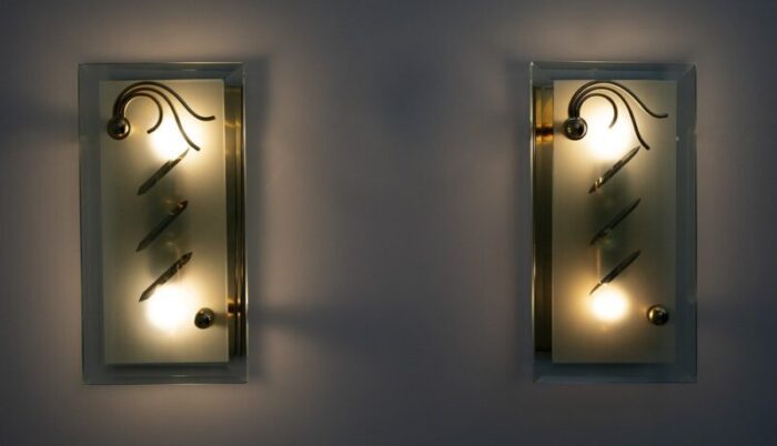 mid century modern italian crystal and brass wall light 1970s set of 2 2