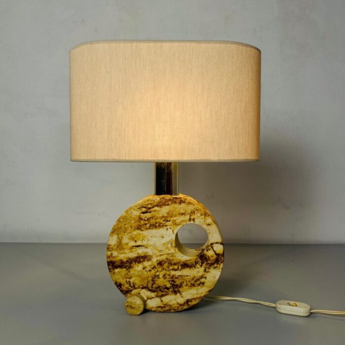 mid century modern italian travertine table lamp with cotton lampshade 1970s 10