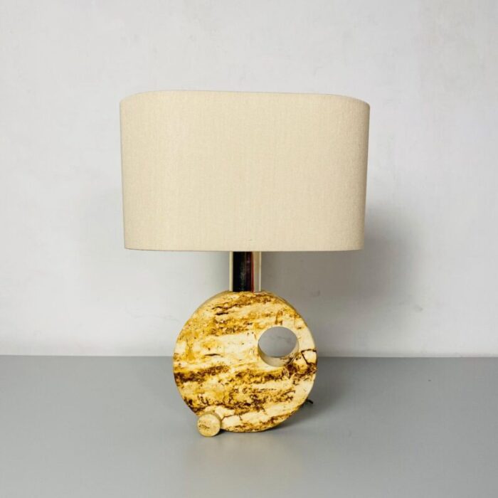 mid century modern italian travertine table lamp with cotton lampshade 1970s 2