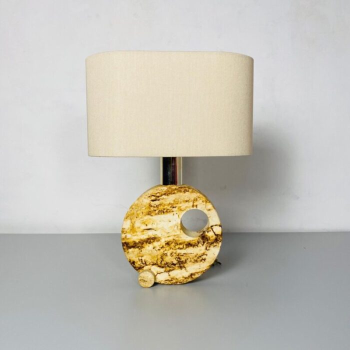 mid century modern italian travertine table lamp with cotton lampshade 1970s 3