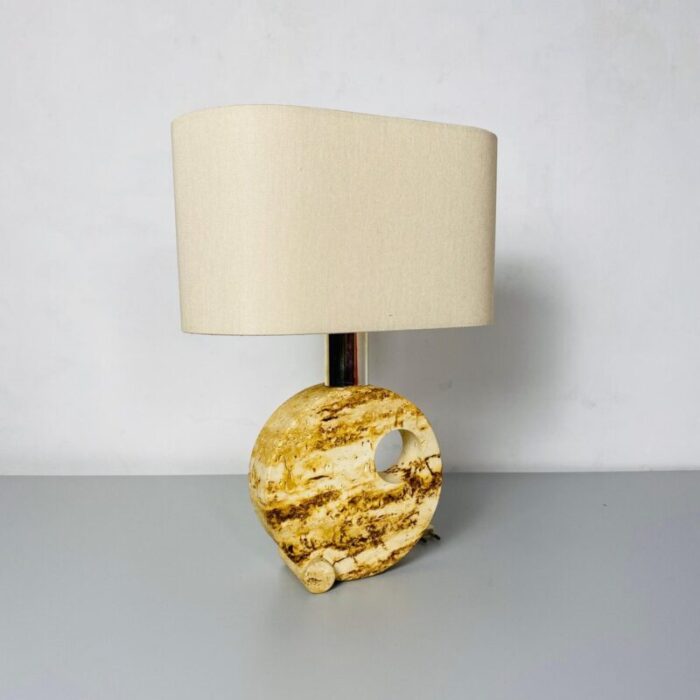 mid century modern italian travertine table lamp with cotton lampshade 1970s 4