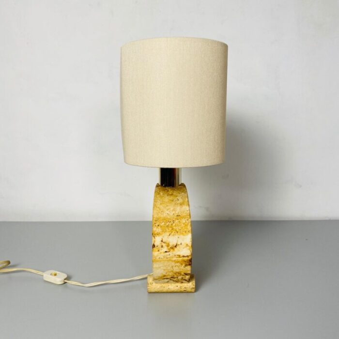 mid century modern italian travertine table lamp with cotton lampshade 1970s 5