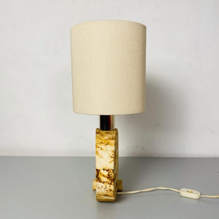 mid century modern italian travertine table lamp with cotton lampshade 1970s 6