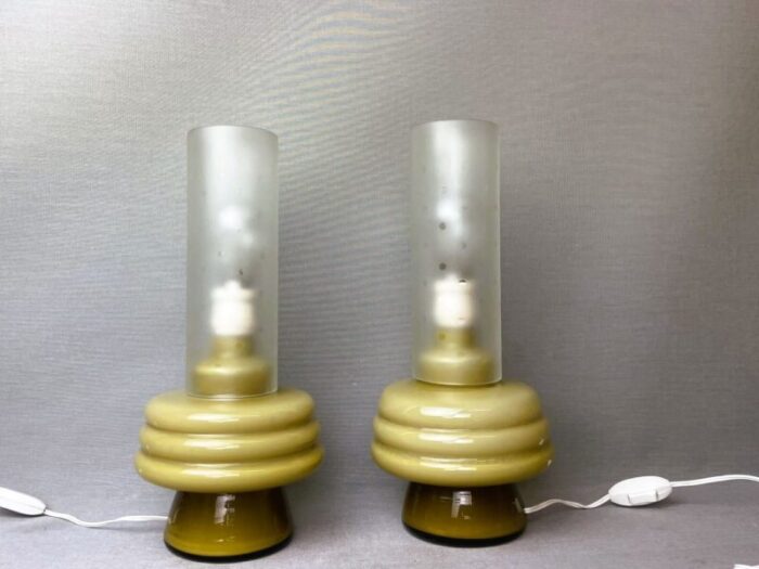 mid century modern olive green opaline glass table lamps set of 2 1