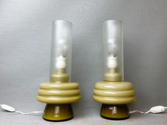 mid century modern olive green opaline glass table lamps set of 2 2