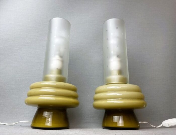 mid century modern olive green opaline glass table lamps set of 2 3