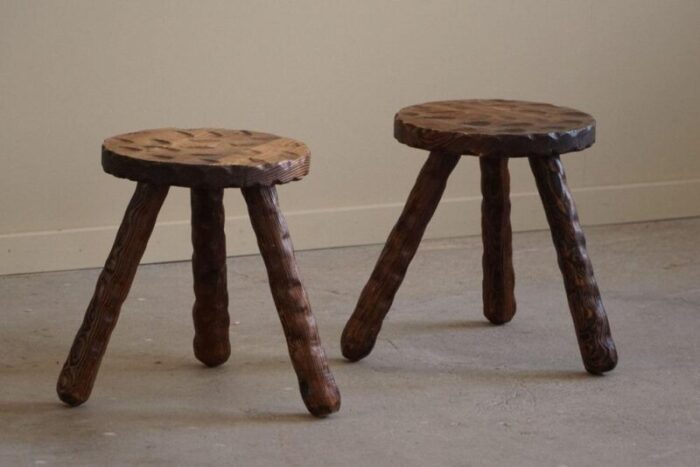 mid century modern swedish wabi sabi carved stools in pine 1960s set of 2 1847