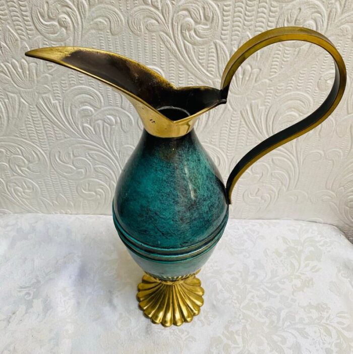 mid century modern turquoise and brass oppenheim israel pitcher 5216