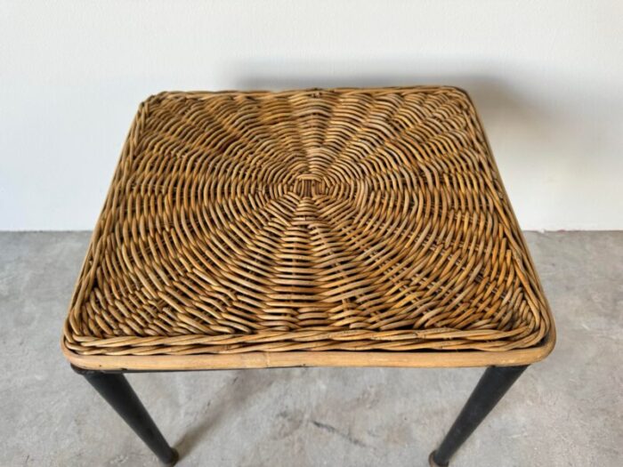 mid century organic modern woven wicker and black metal legs with brass feet pland stand table 5926