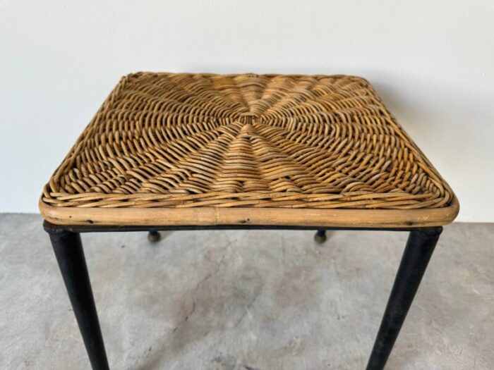 mid century organic modern woven wicker and black metal legs with brass feet pland stand table 6367