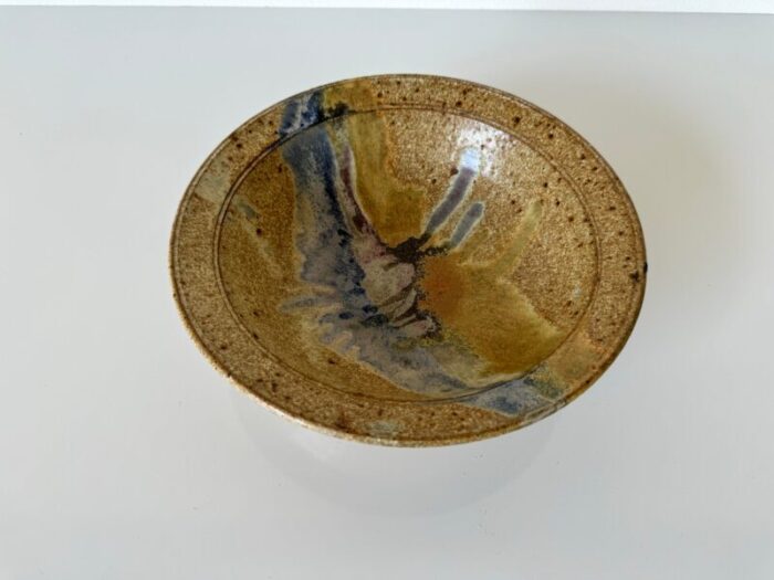 mid century organic speckled glaze stoneware bowl signed 5199