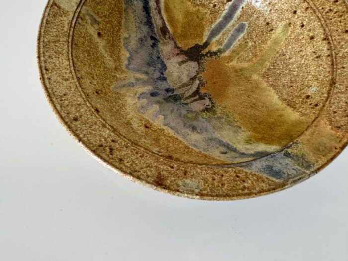 mid century organic speckled glaze stoneware bowl signed 5436