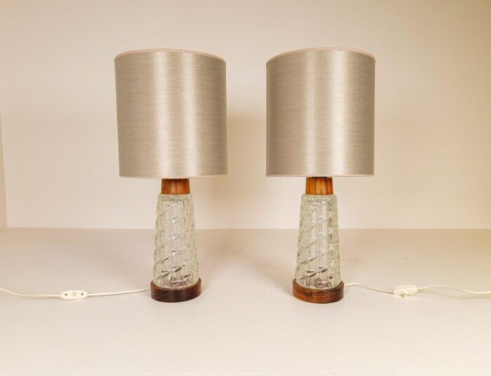 mid century table lamps in teak and glass from orrefors sweden set of 2 3