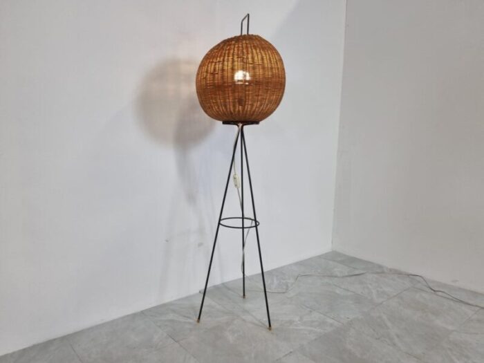 mid century wicker cocoon floor lamp 1960s 2