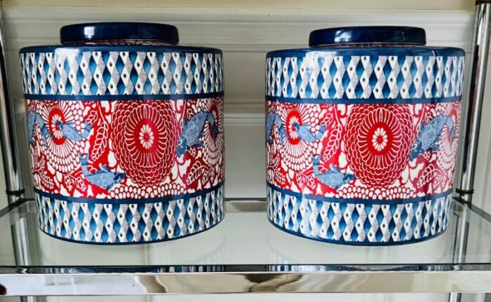 modern chinoiserie large ginger jars koi fish pattern designed by jean dange paris a pair 5207