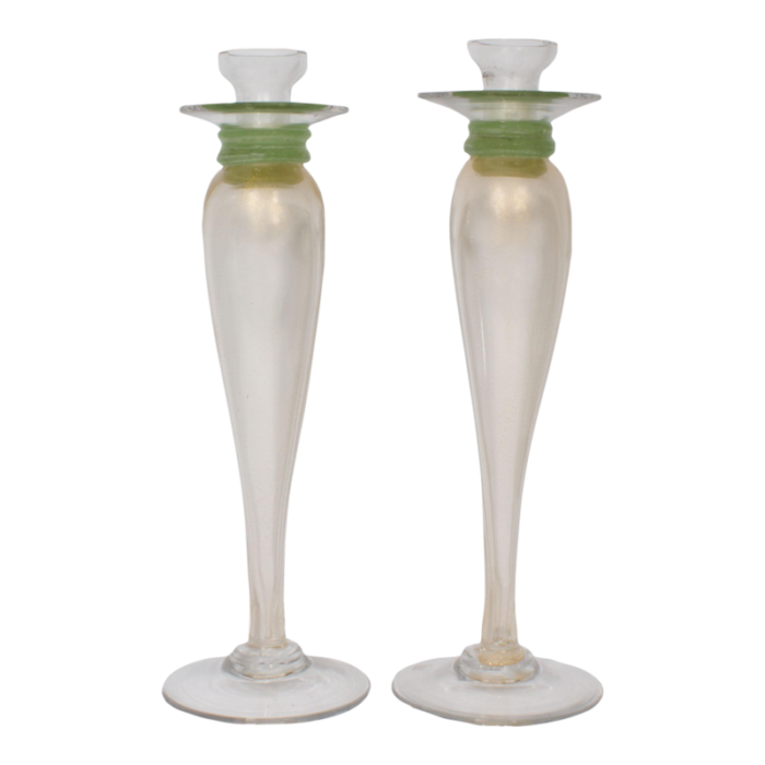 murano italian art glass green and gold fleck candlestick holders 3515