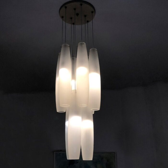 murano white glass nine tubes chandelier by alessandro pianon for vistosi 1960s 8