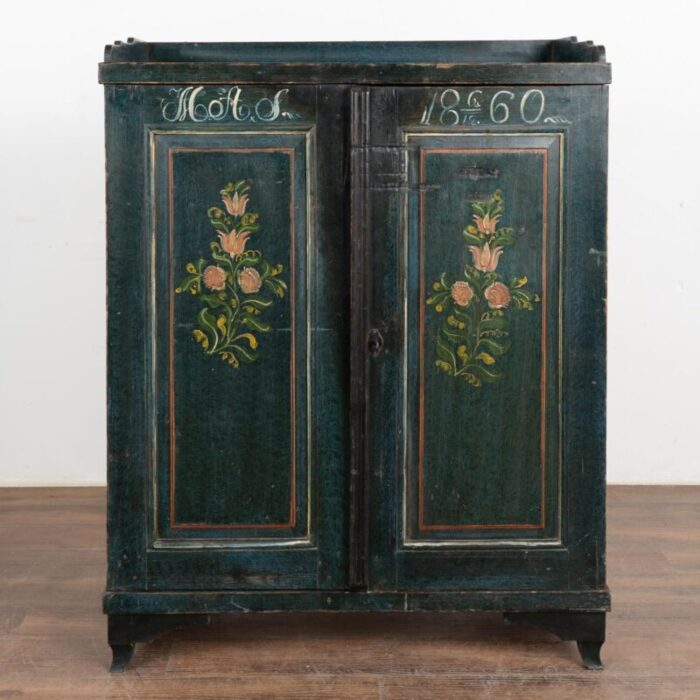 original dark blue painted sideboard with flowers sweden dated 1860 0762