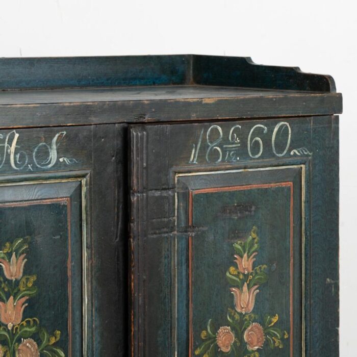 original dark blue painted sideboard with flowers sweden dated 1860 3542