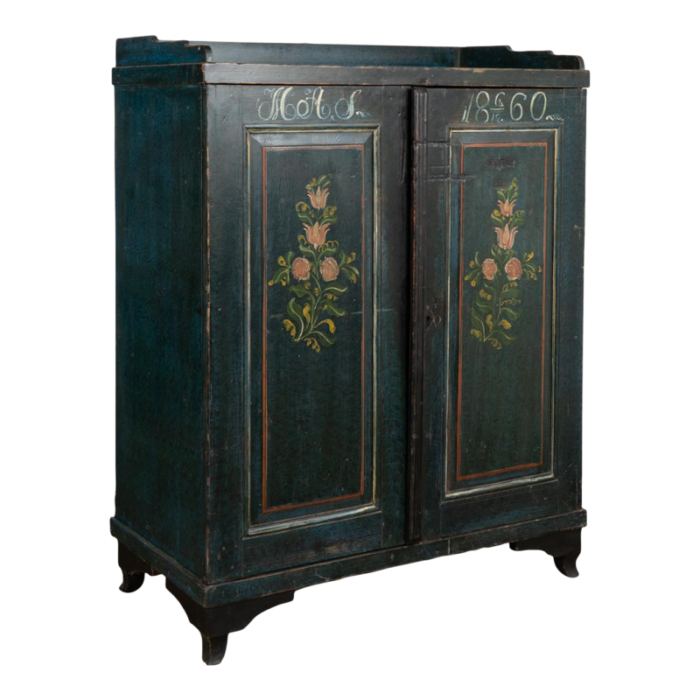 original dark blue painted sideboard with flowers sweden dated 1860 5036