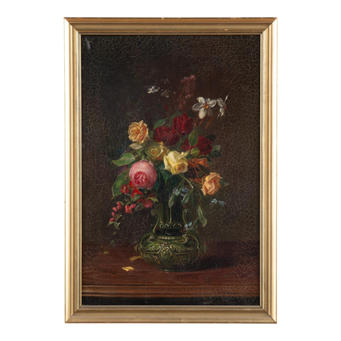 original oil on canvas still life painting of flowers by sophus petersen dated 1885 2293