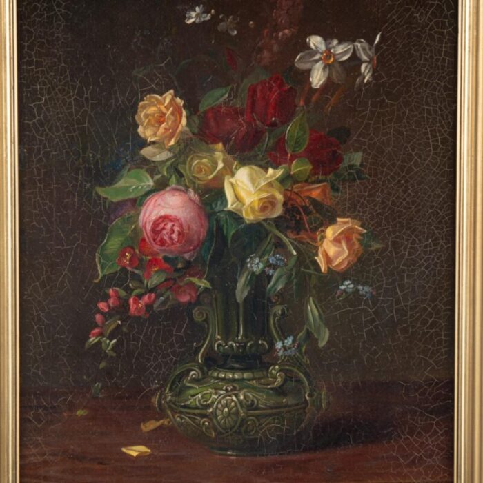 original oil on canvas still life painting of flowers by sophus petersen dated 1885 7396