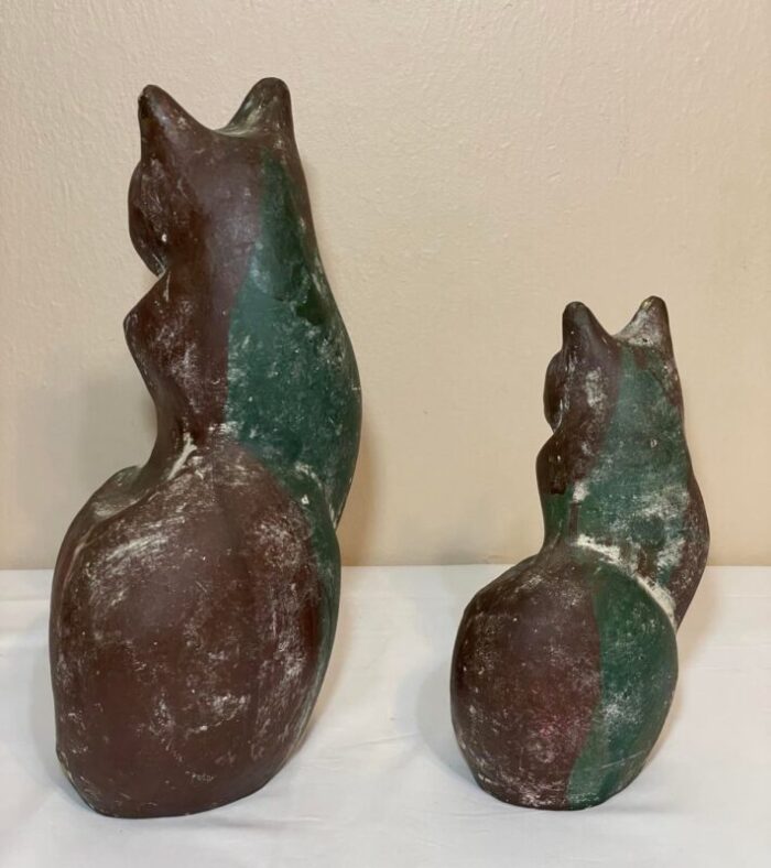 pair mid century chalkware stylized cat figurines 145 and 105 0569