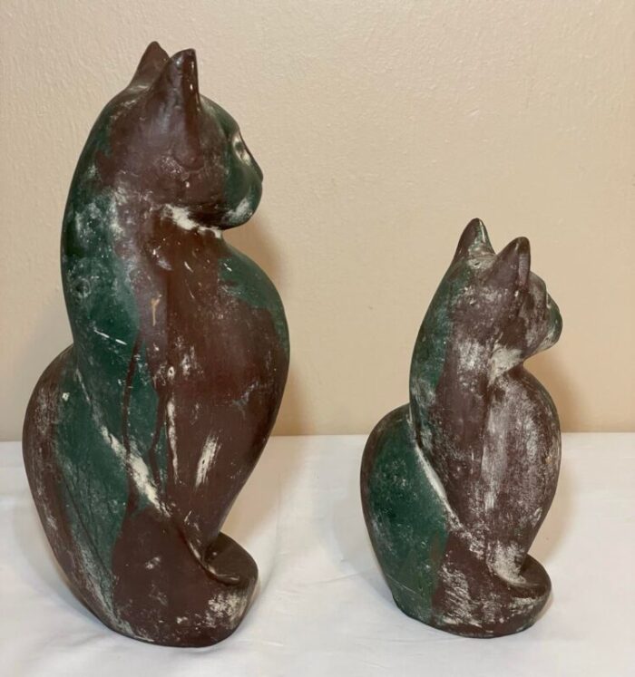 pair mid century chalkware stylized cat figurines 145 and 105 2839