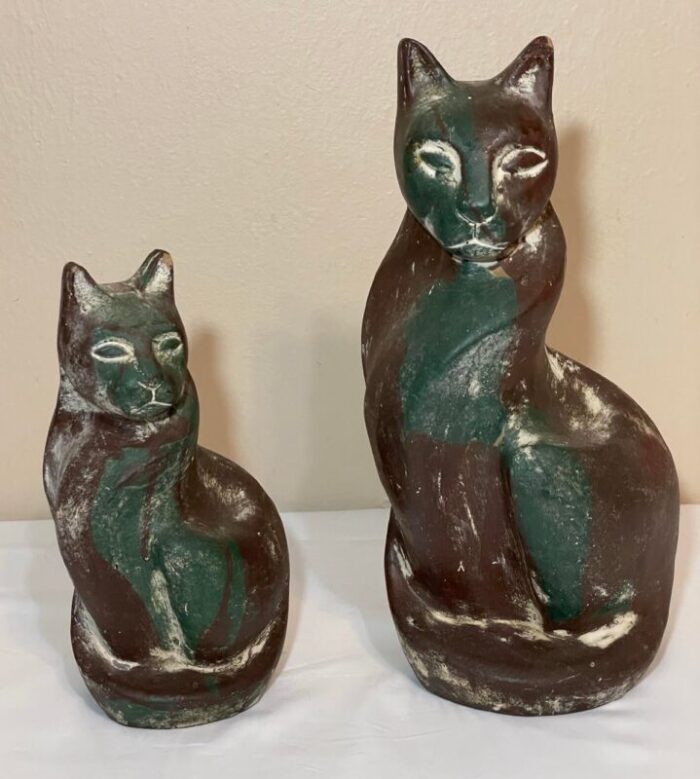 pair mid century chalkware stylized cat figurines 145 and 105 5585