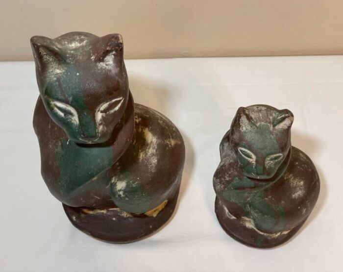 pair mid century chalkware stylized cat figurines 145 and 105 5860