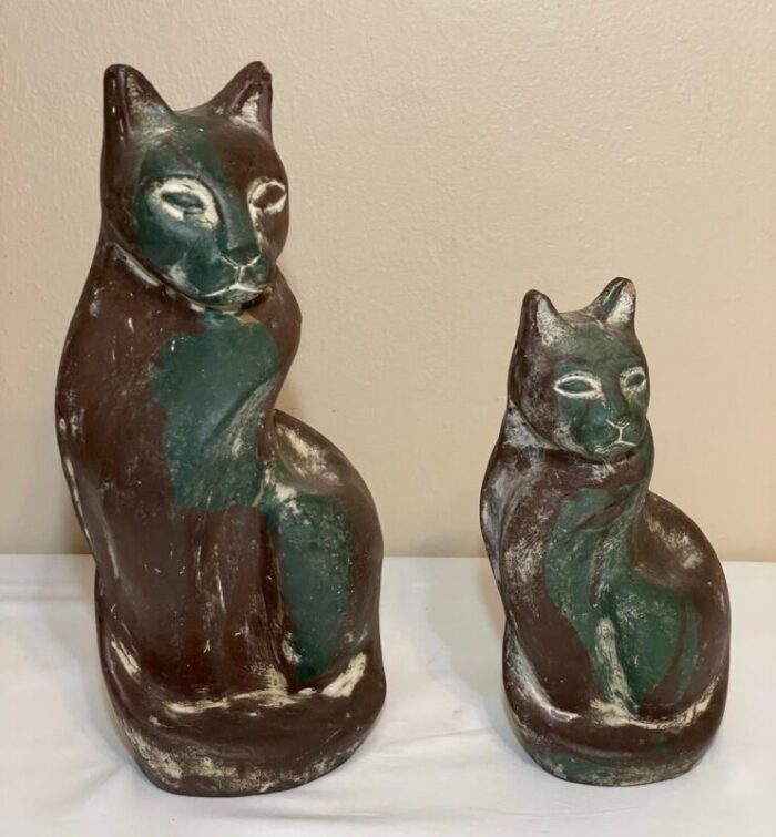 pair mid century chalkware stylized cat figurines 145 and 105 7285